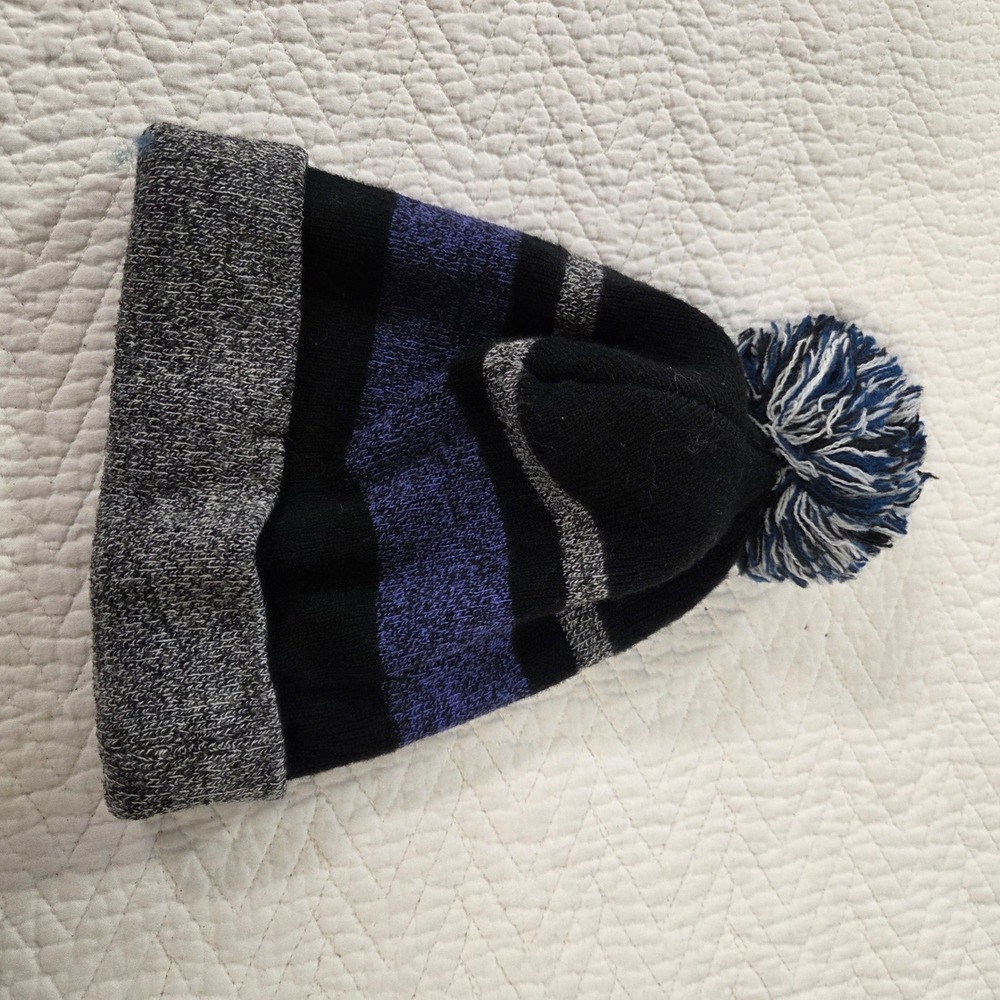 Capelli New York Striped Knit Pom Pom Beanie Hat Black Blue Grey Cuff One Size